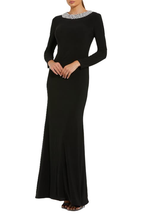 Jersey Long Sleeve Fitted Gown With Beaded Neck