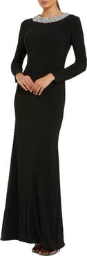 Mac Duggal Jersey Long Sleeve Fitted Gown With Beaded Neck