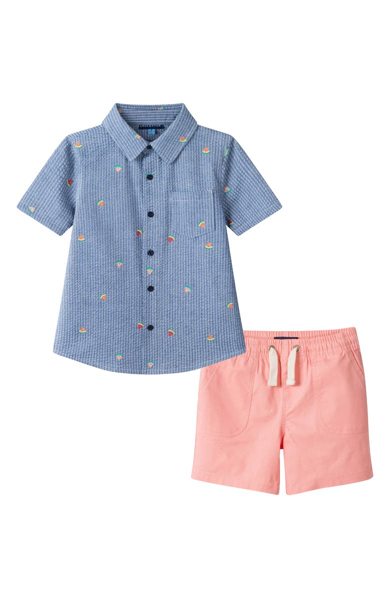 Andy & Evan Kids' Seersucker Button Front Shirt & Shorts Set, Main, color, Navy Watermelon