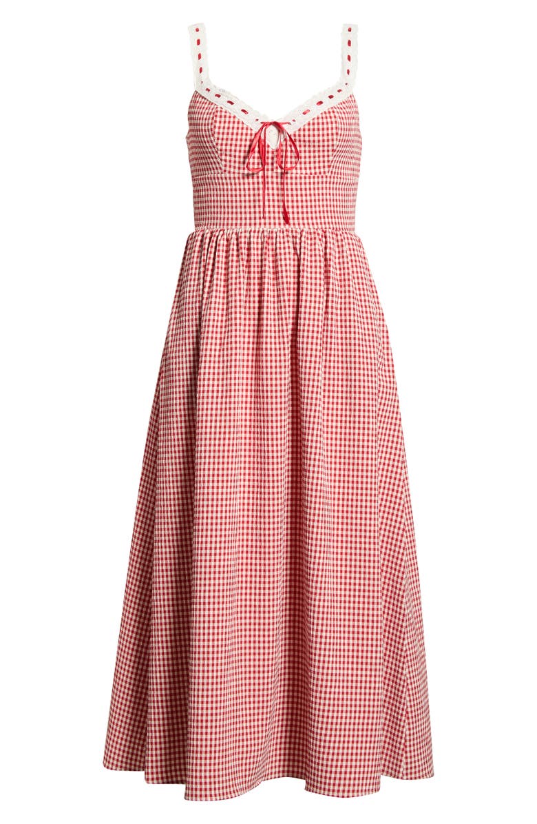 WAYF Lilibet Gingham Lace Trim Midi Dress, Alternate, color, Red
