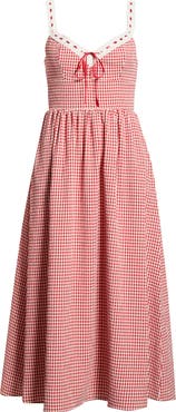 WAYF Lilibet Gingham Lace Trim Midi Dress