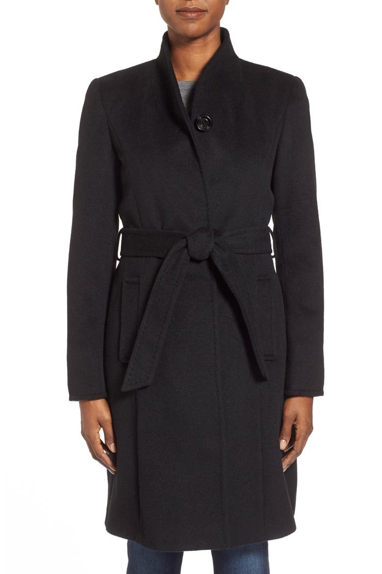 Belted Wool Blend Stand Collar Coat, Main, color, BLACK
