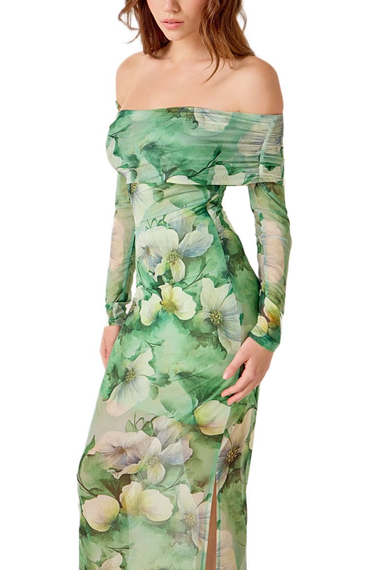 Long Sleeve Floral Mesh Off the Shoulder Maxi Dress, Alternate, color, GREEN MULTI