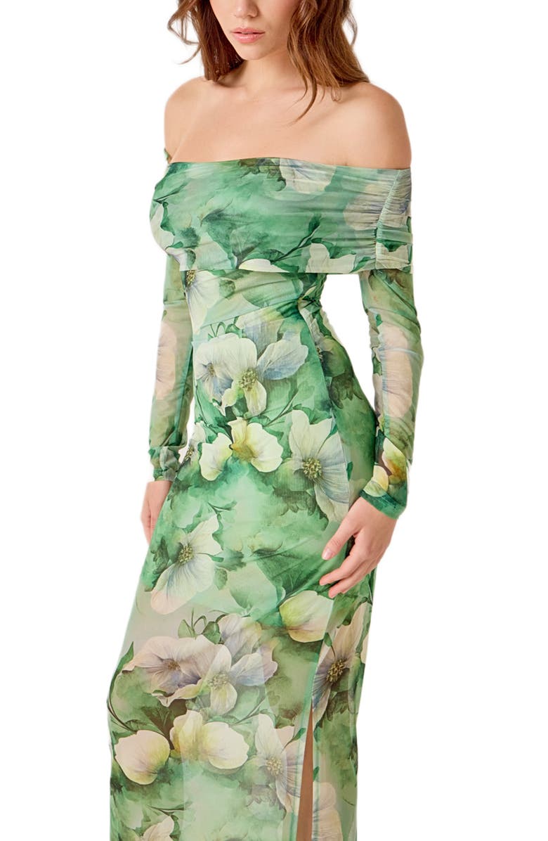MARSY Long Sleeve Floral Mesh Off the Shoulder Maxi Dress, Alternate, color, Green Multi