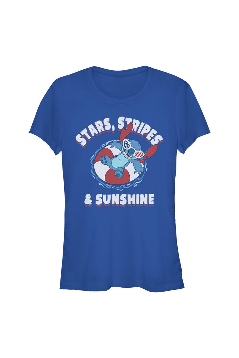 Junior's Lilo & Stitch Stars Stripes and Sunshine  Graphic T-Shirt, Main, color, Royal Blue
