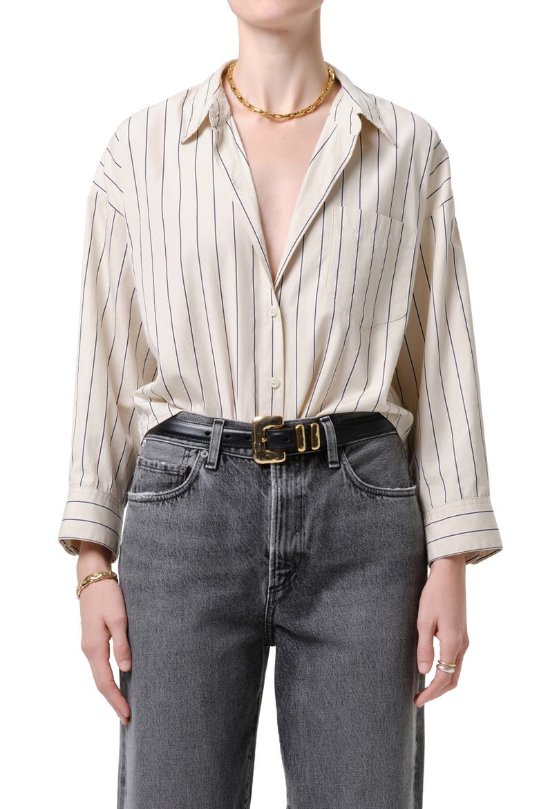Petit Ami Striped Cotton Shirt, Main, color, RAMBLE CREAM/ NAVY STRIPE