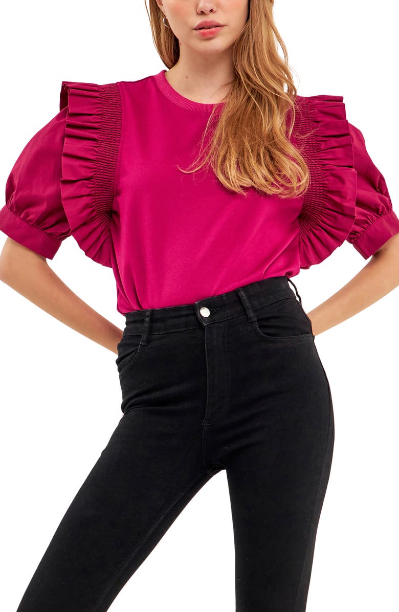 English Factory Mixed Media Ruffle Top, Alternate, color, Grape