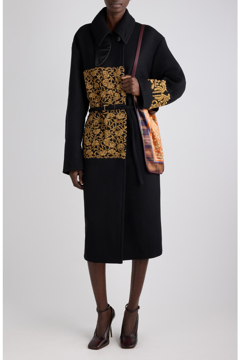 Rain Embroidered Wool Blend Coat, Alternate, color, BLACK