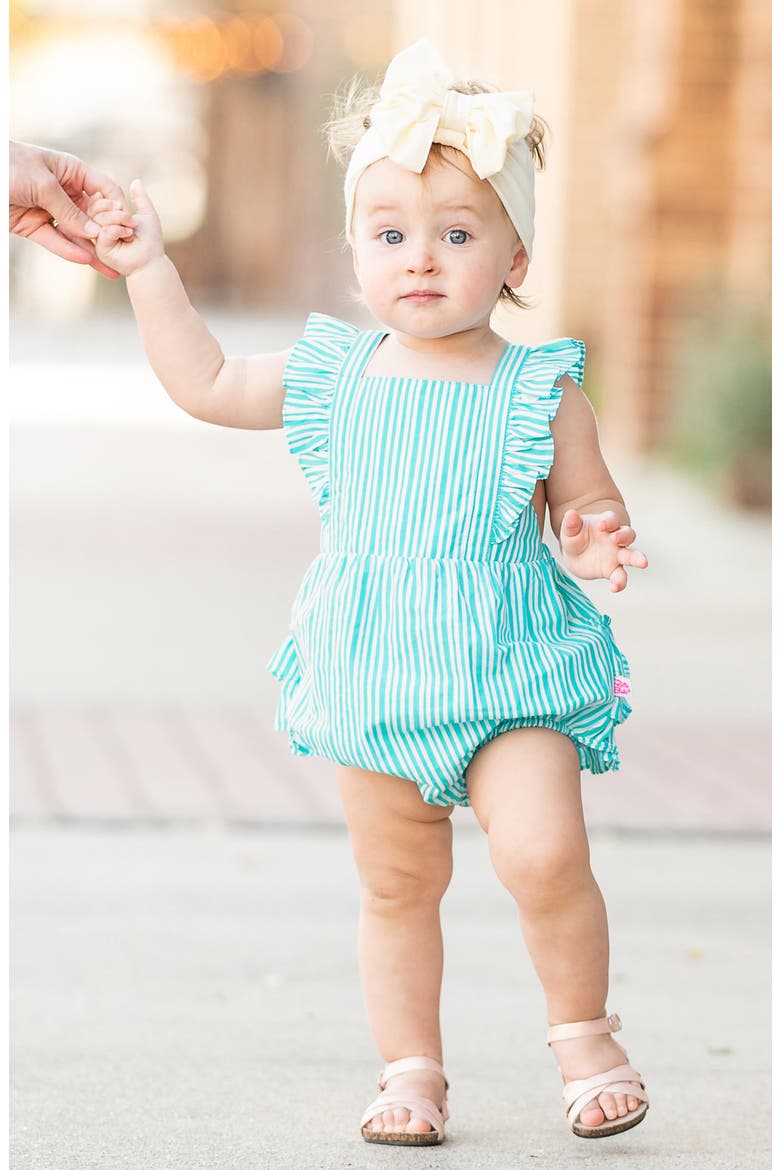 Baltic Stripe Ruffle Bubble Romper & Bow Head Wrap, Alternate, color, BLUE