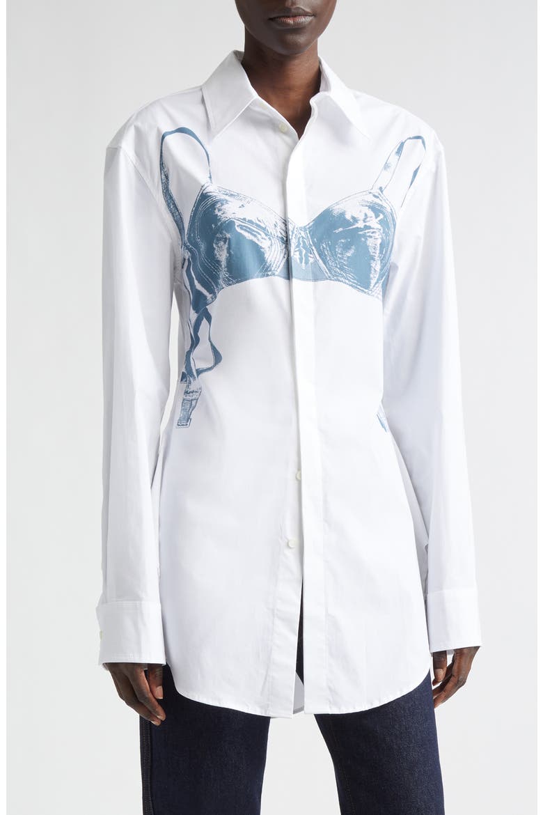 Scanned Bra Trompe l'Oeil Stretch Poplin Button-Up Shirt, Main, color, WHITE/ BLUE GREY