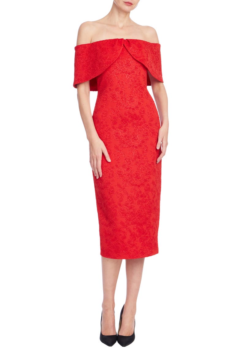 Floral Embossed Off the Shoulder Scuba Midi Dress, Main, color, RED