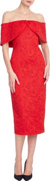Badgley Mischka Collection Floral Embossed Off the Shoulder Scuba Midi Dress