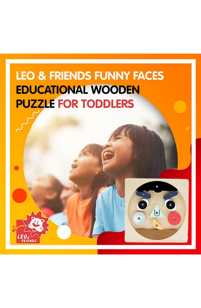 Leo & Friends Funny Faces Educational Wooden Puzzle for Toddlers | 10-Piece Safe Puzzle with Wooden Board, Makes Funny Faces, Alternate, color, Red