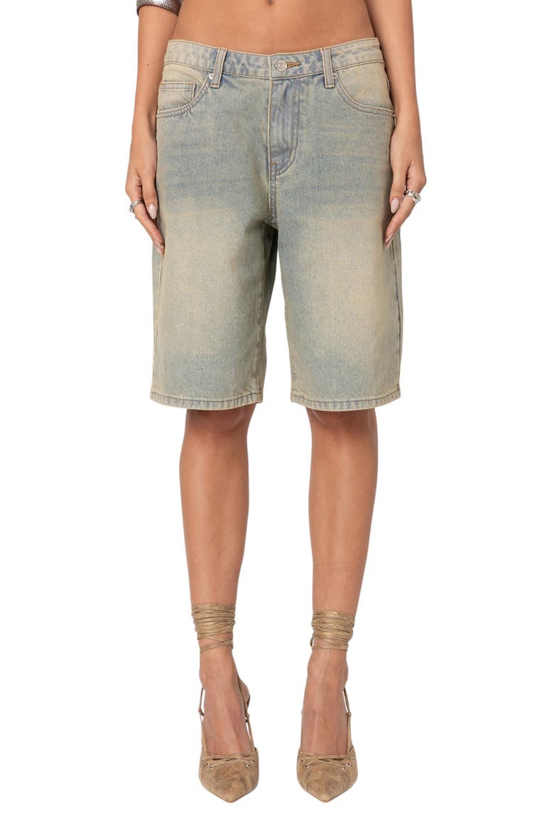 Shira Low Rise Washed Denim Bermuda Shorts, Main, color, BLUE-WASHED