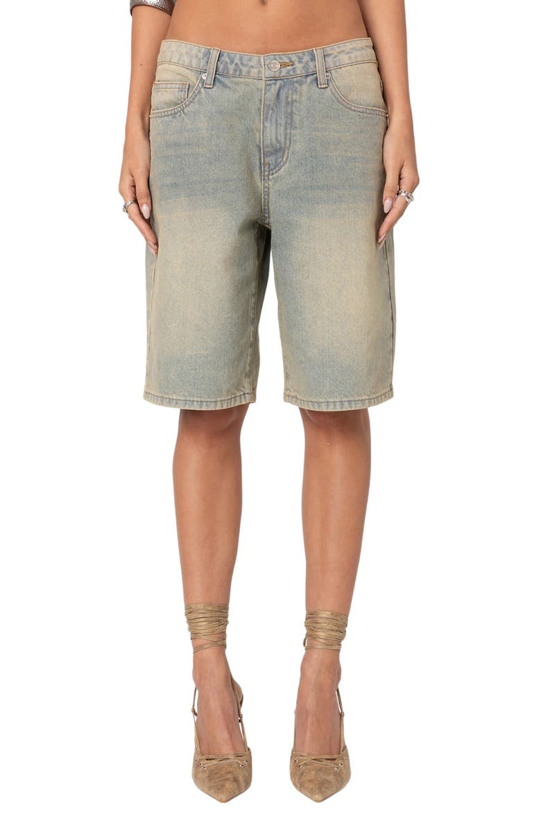 EDIKTED Shira Low Rise Washed Denim Bermuda Shorts, Main, color, Blue-Washed