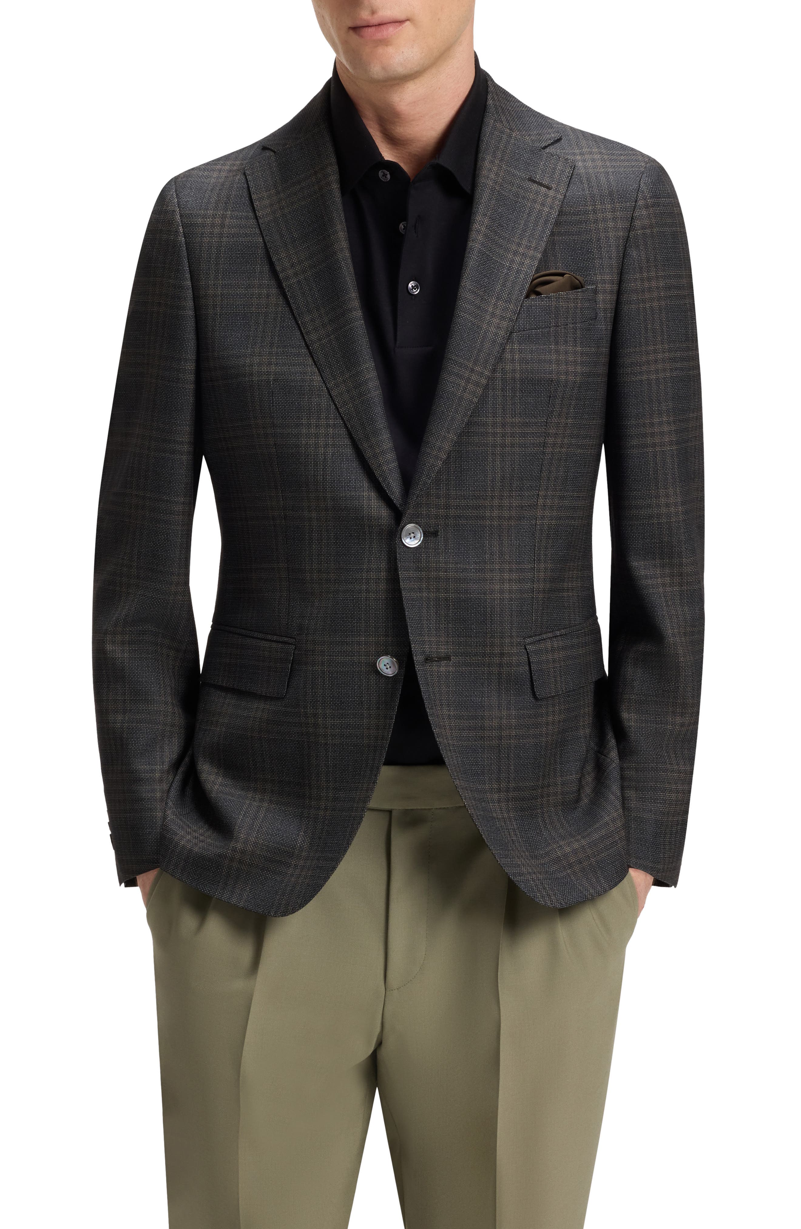 BOSS Hutson Slim Fit Slub Black & Brown Check Wool Sport Coat