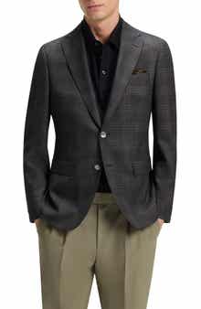 BOSS Hutson Slim Fit Slub Black & Brown Check Wool Sport Coat