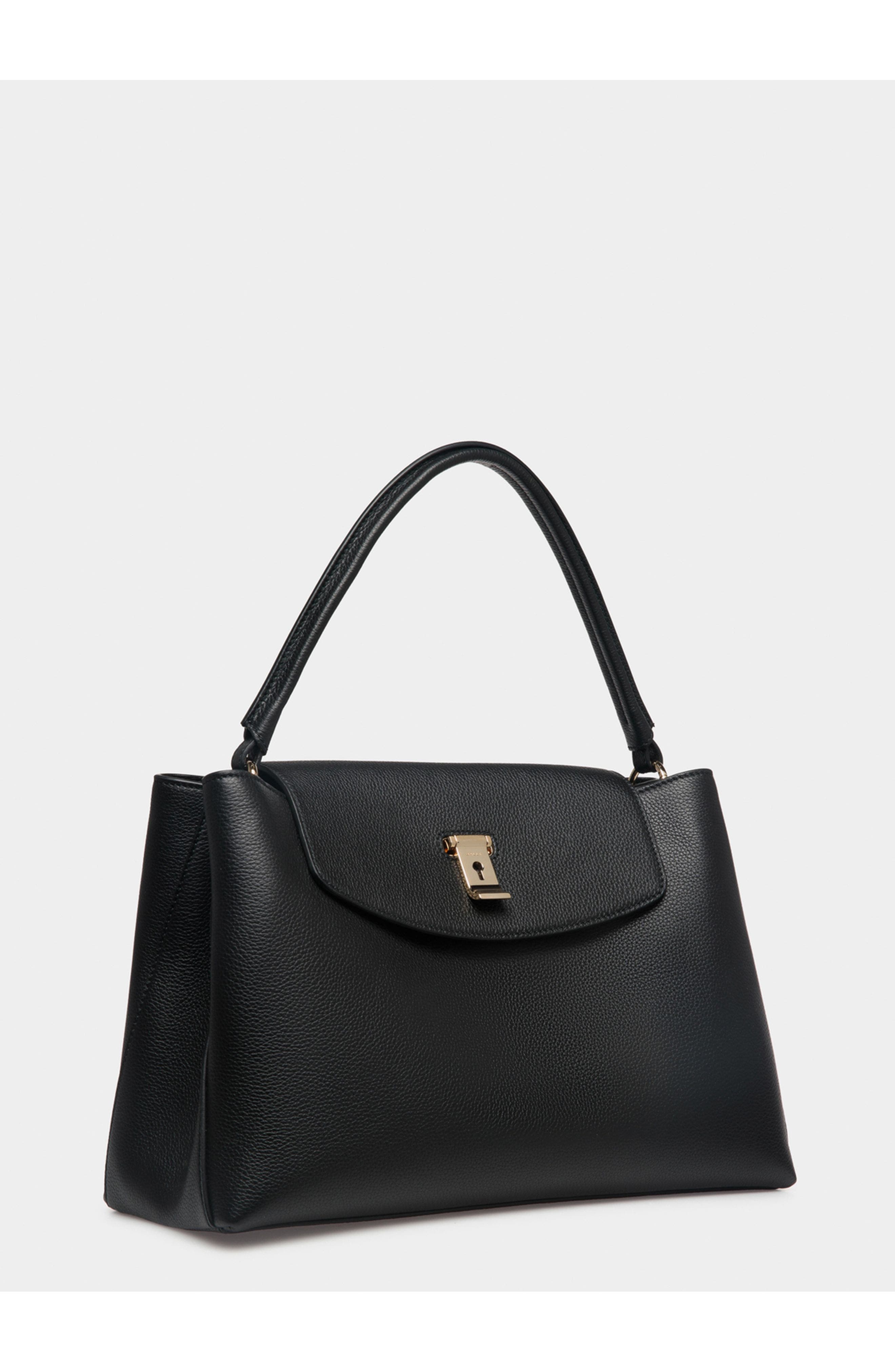 Bally Lock Me Top Handle Bag In Leather, Alternate, color, Black