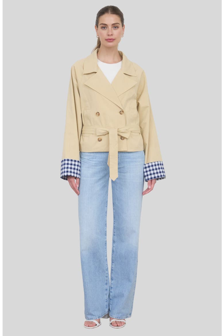 Gingham Cuff Short Trench Coat, Alternate, color, KHAKI