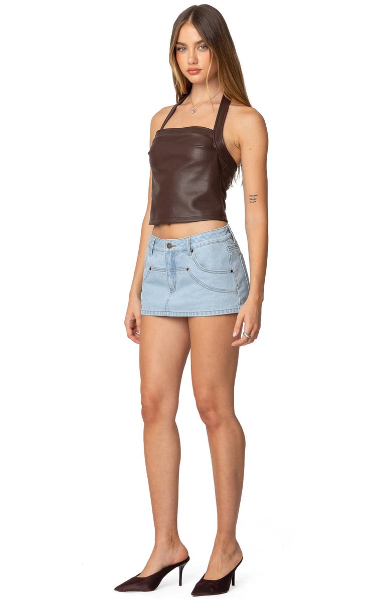 EDIKTED Faux Leather Halter Crop Top, Alternate, color, Brown