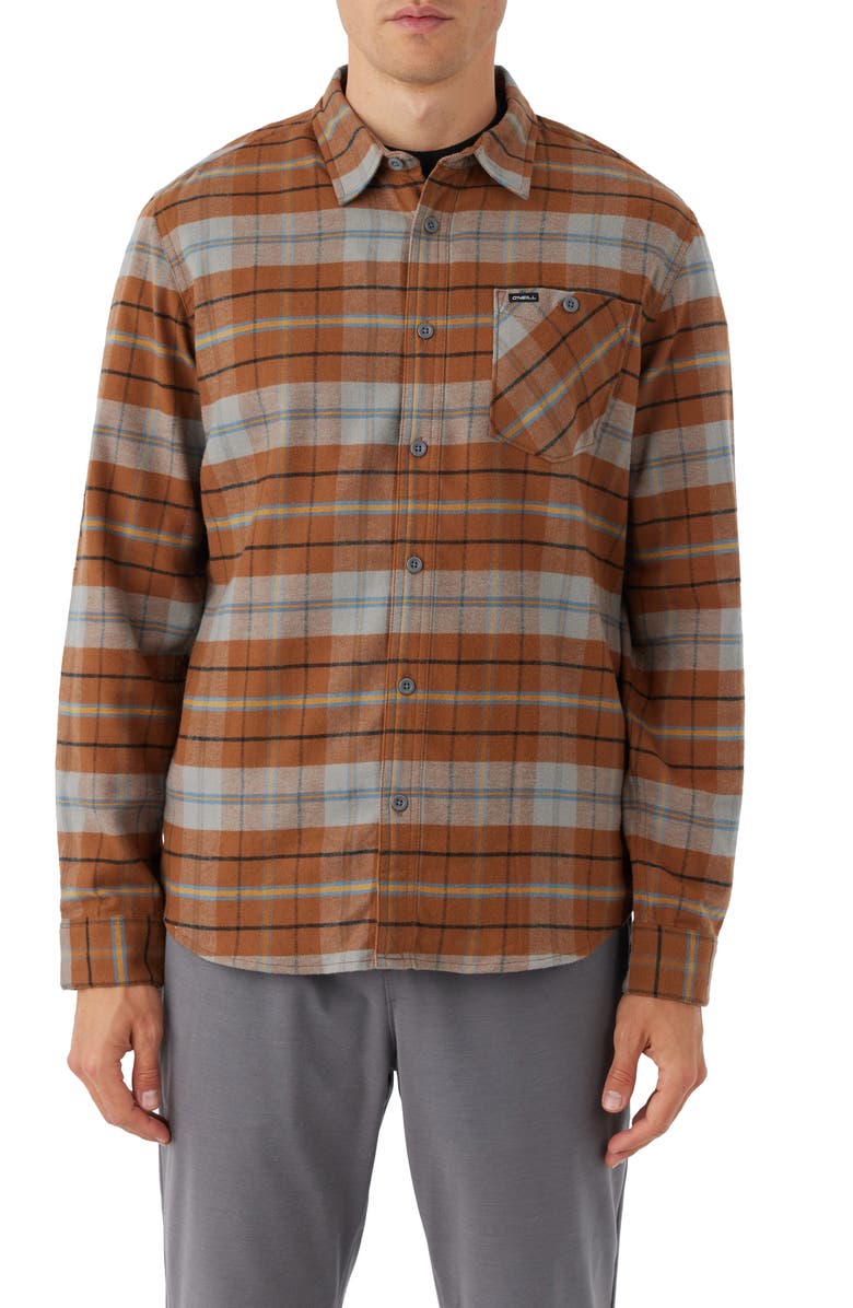 O'Neill Redmond Plaid Stretch Flannel Button-Up Shirt, Main, color, Medium Brown