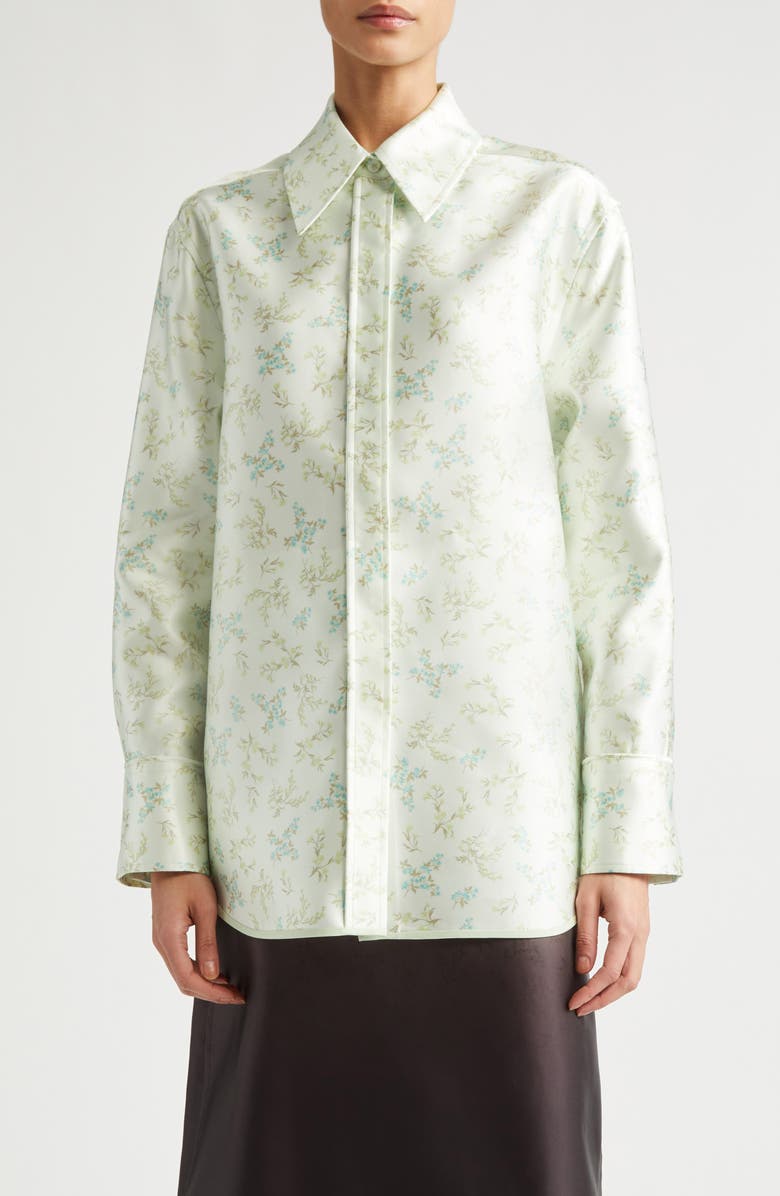 Jil Sander Floral Satin Button-Up Shirt, Main, color, Green Mint