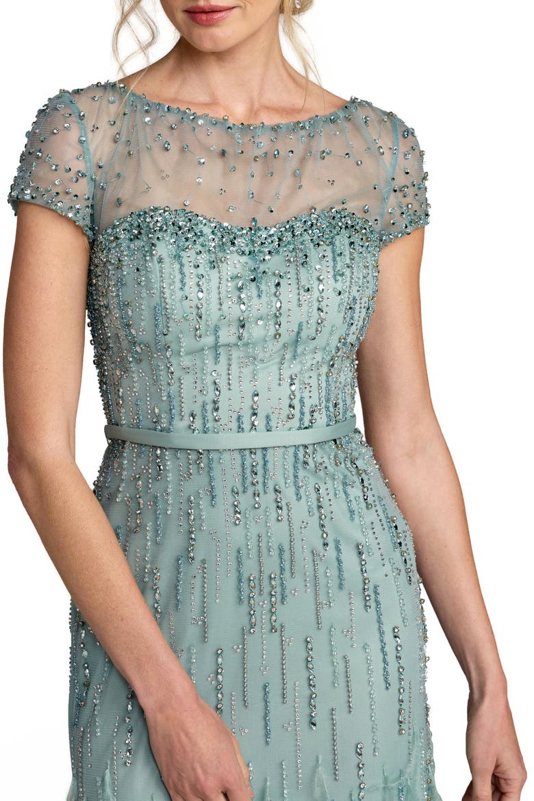 Embellished Net Short Sleeve Feather Gown, Alternate, color, Seafoam