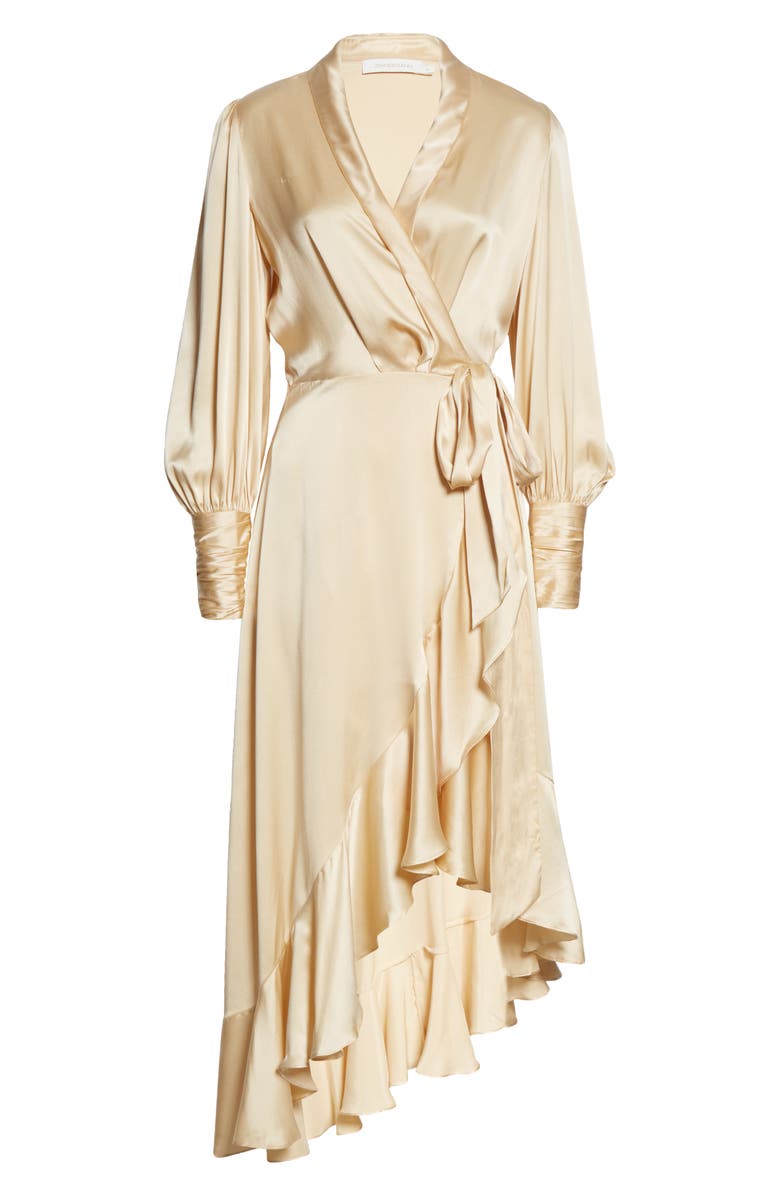 Zimmermann Long Sleeve Silk Satin Wrap Dress, Alternate, color, 