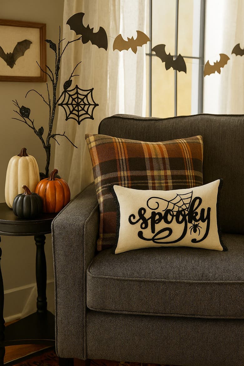 "Spooky" Spider Web Halloween Lumbar Accent Pillow 14" x 22", Alternate, color, Beige