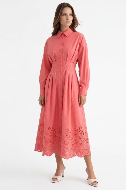 Faun Shirt Collar Long Sleeve Embroidered Midi Dress