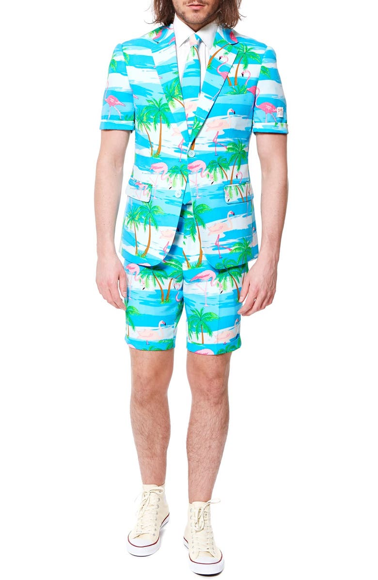 OppoSuits Flaminguy - Summer' Trim Fit Two-Piece Short Suit with Tie, Alternate, color, Blue