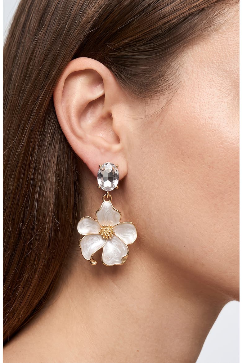 Crystal Flower Drop Earrings, Main, color, WHITE/ GOLD