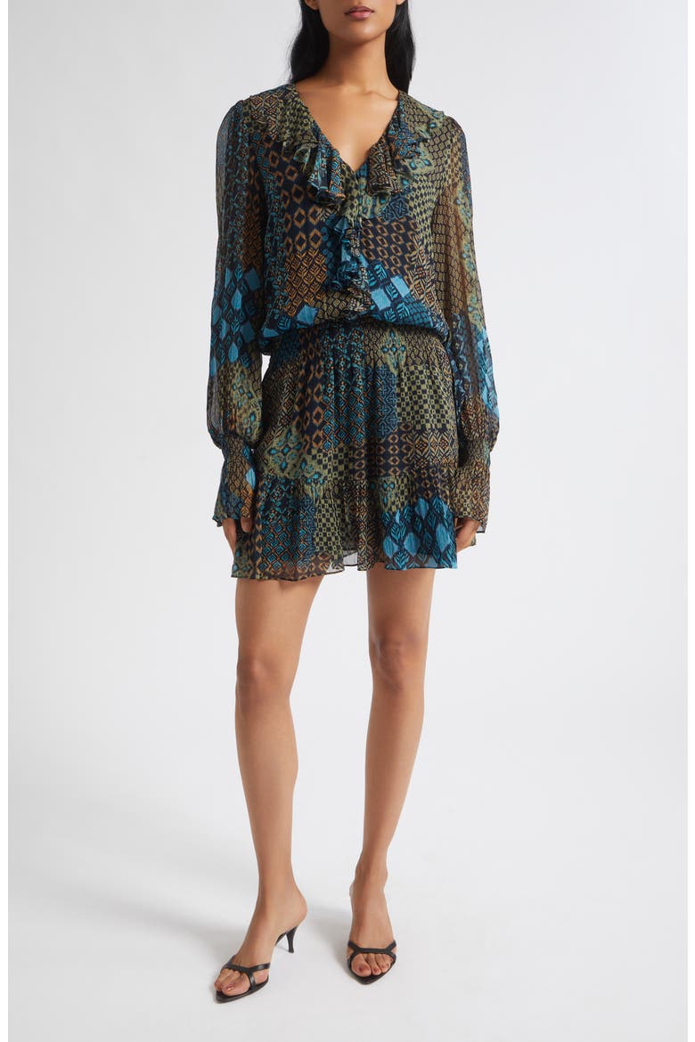 Astrid Print Ruffle Long Sleeve Minidress, Main, color, NAVY MULTI
