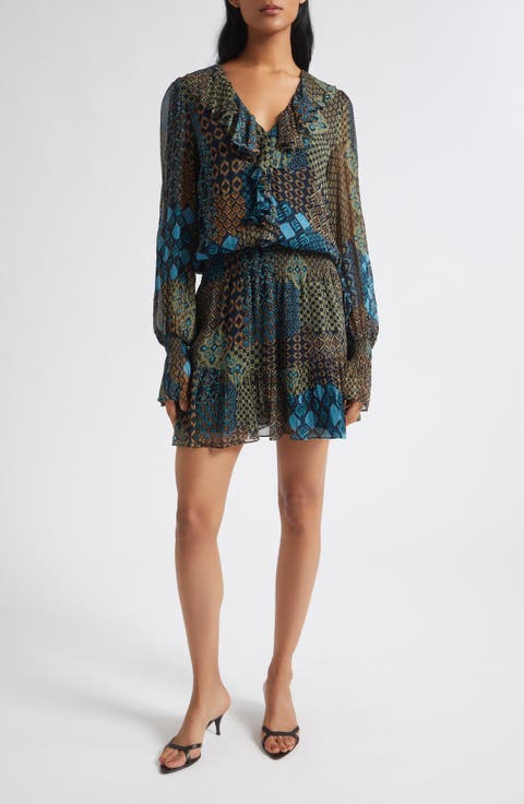 Astrid Print Ruffle Long Sleeve Minidress