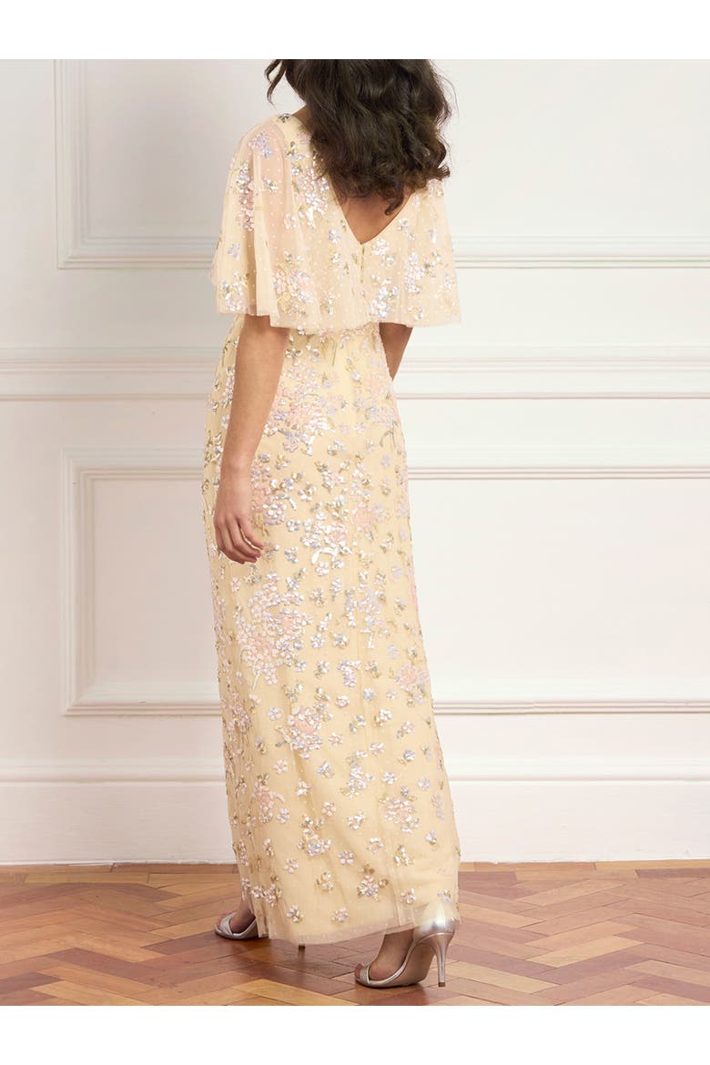 Peony Bouquet Sequin V-Neck Cape Gown, Alternate, color, Lemon Sorbet/Multi