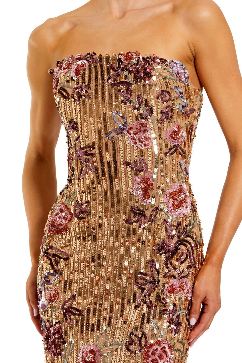 Floral Sequin Mesh Strapless Column Ankle Dress, Alternate, color, Gold Multi