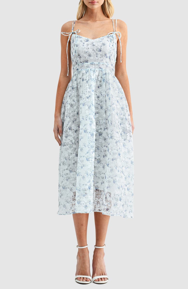 Lush Floral Tie Strap Fit & Flare Midi Dress, Main, color, Blue Floral
