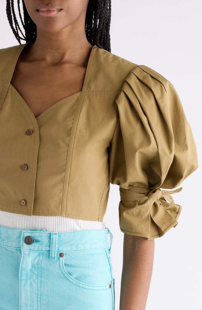 Chloé Puff Sleeve Cotton Poplin Crop Top, Alternate, color, Amber Olive