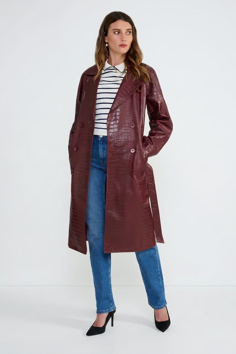 Sloane Croc-Embossed Leather Trench Coat, Alternate, color, Burgundy