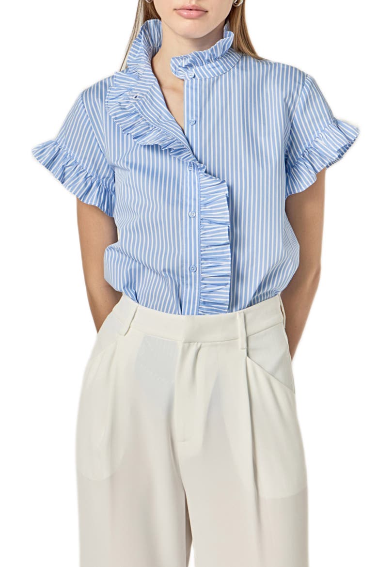 Stripe Ruffle Button-Up Shirt, Main, color, POWDER BLUE
