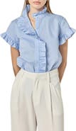 English Factory Stripe Ruffle Button-Up Shirt