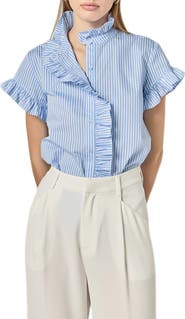 English Factory Stripe Ruffle Button-Up Shirt