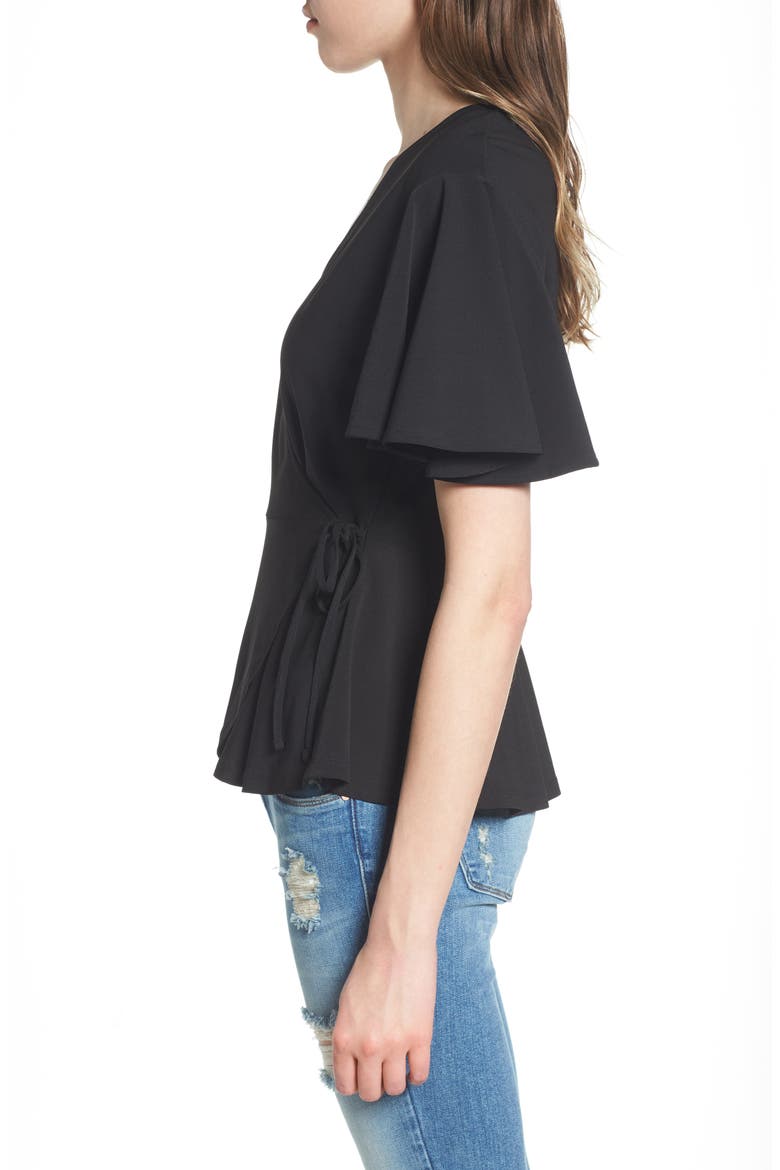Flounce Sleeve Faux Wrap Top, Alternate, color, BLACK