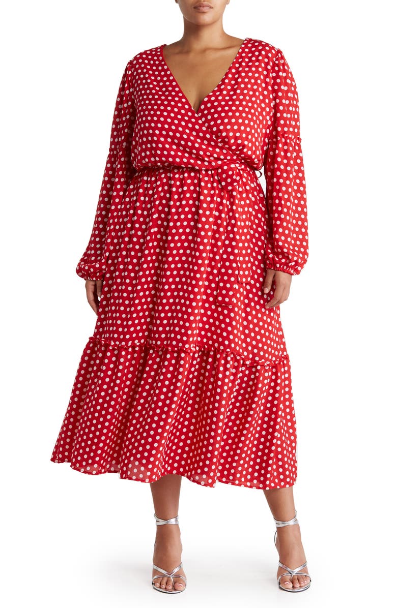 BY DESIGN Dottie Georgette Dot Faux Wrap Dress, Main, color, Barbados Cherry/ White