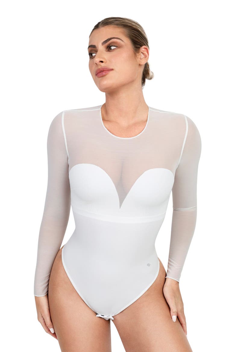 Sheer Mesh Sultry Date Night & Cocktail Long Sleeve Bodysuit, Alternate, color, Ivory