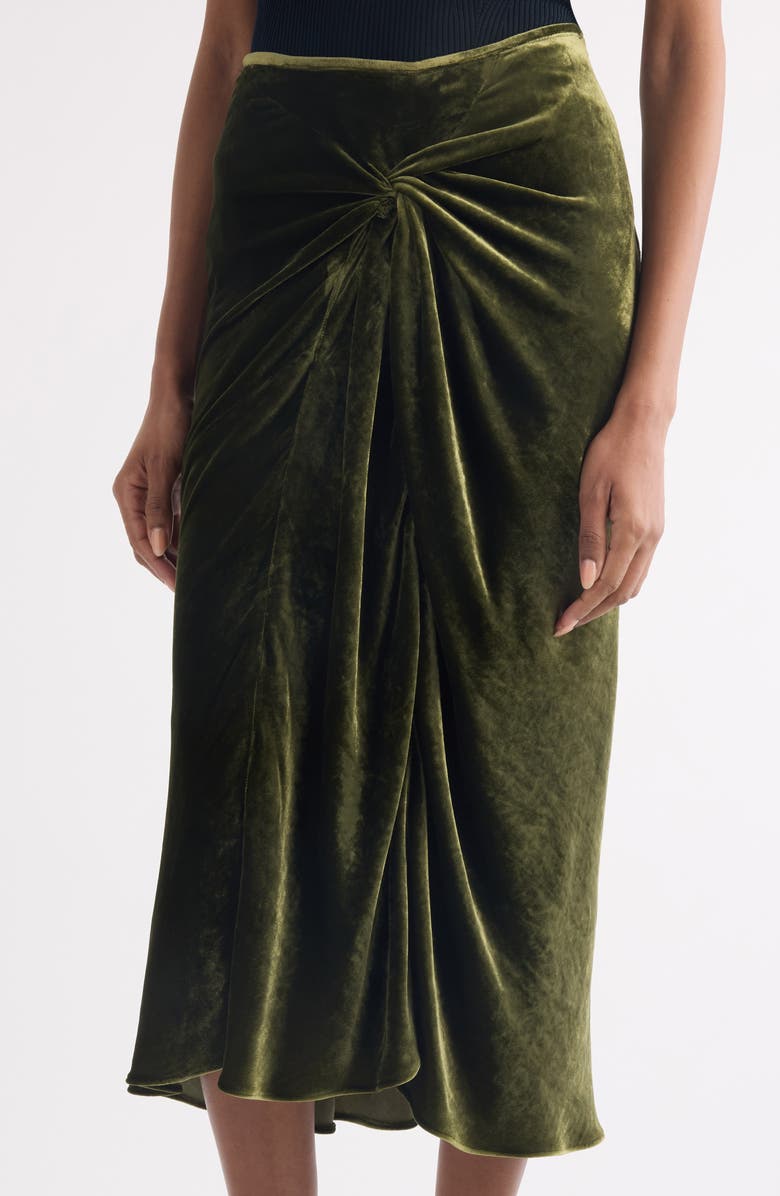 Dries Van Noten Smila Twist Front Velvet Midi Skirt, Alternate, color, Khaki
