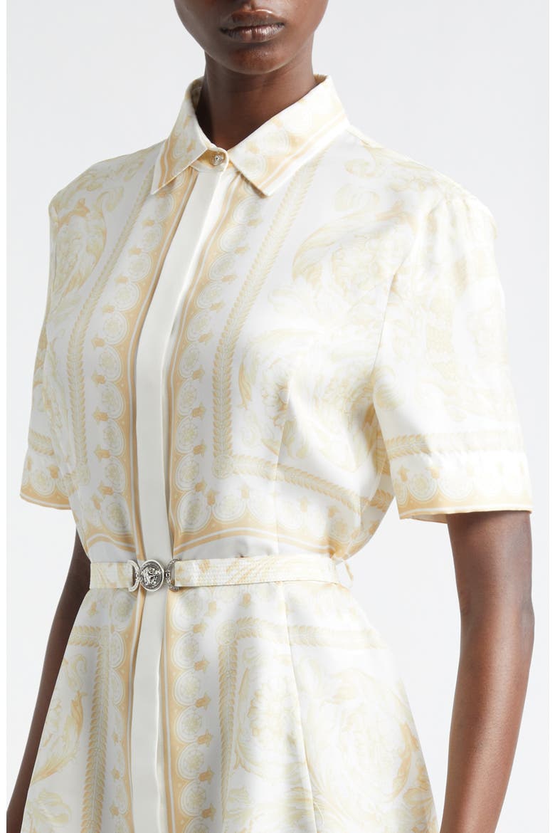 Barocco Foulard Belted Silk Dress, Alternate, color, WASHED OUT GOLD