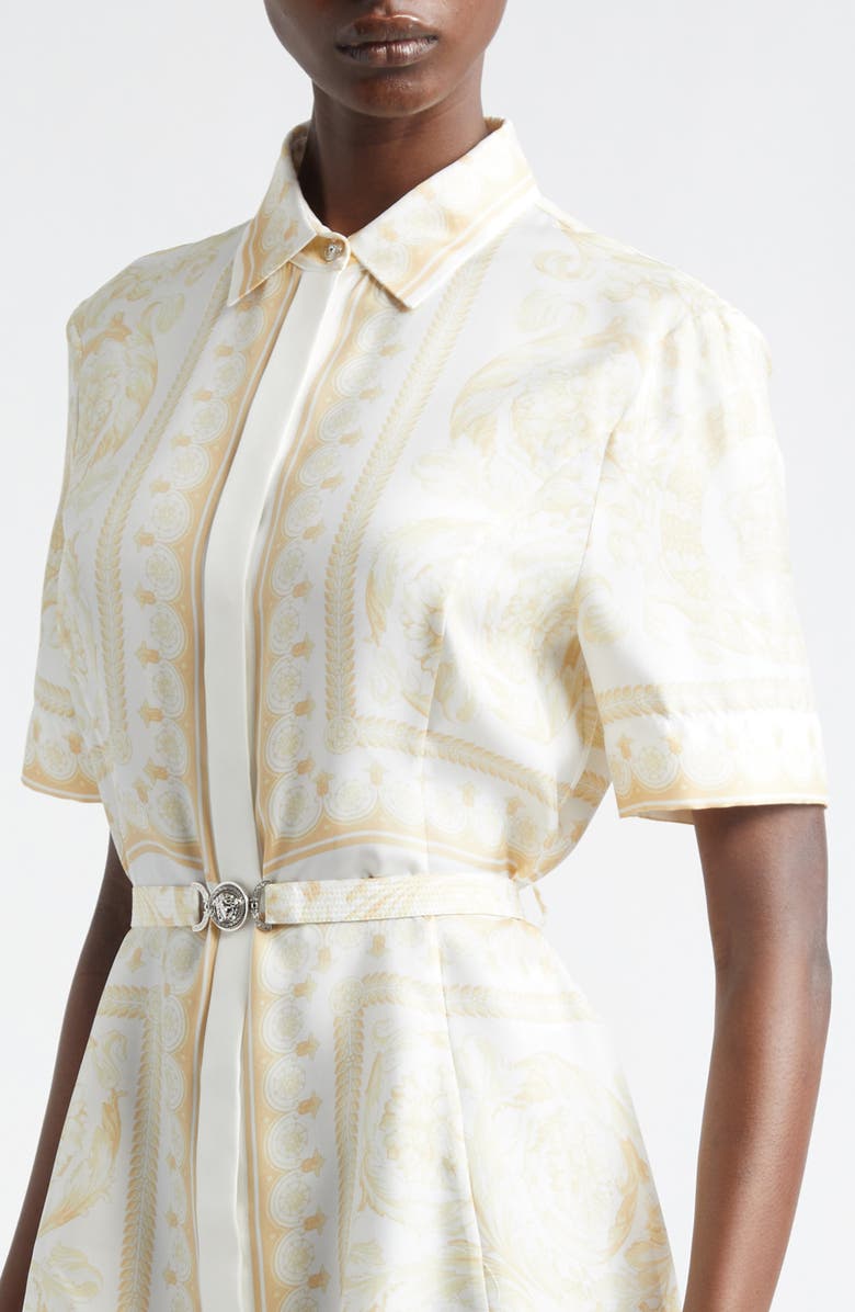 Versace Barocco Foulard Belted Silk Dress, Alternate, color, Washed Out Gold