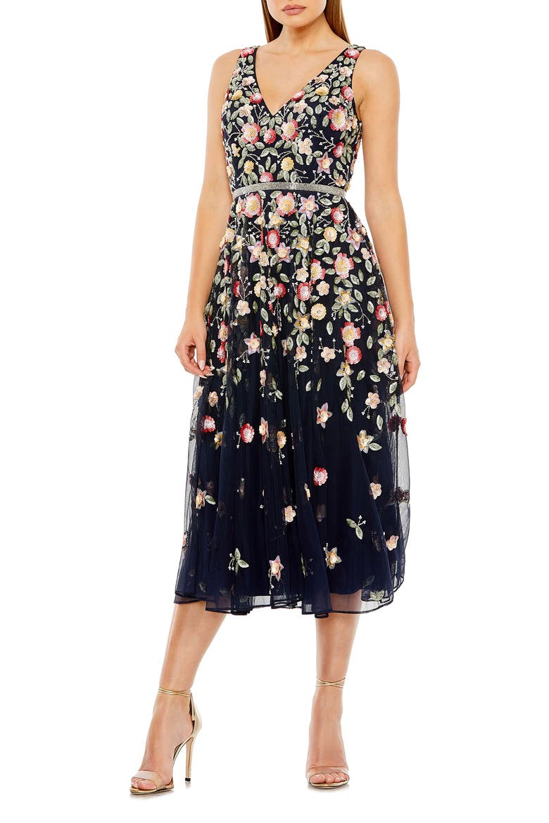 V-Neck Sleeveless Midi Floral Beaded A-Line Dress, Main, color, MIDNIGHT MULTI