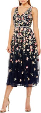 Mac Duggal V-Neck Sleeveless Midi Floral Beaded A-Line Dress